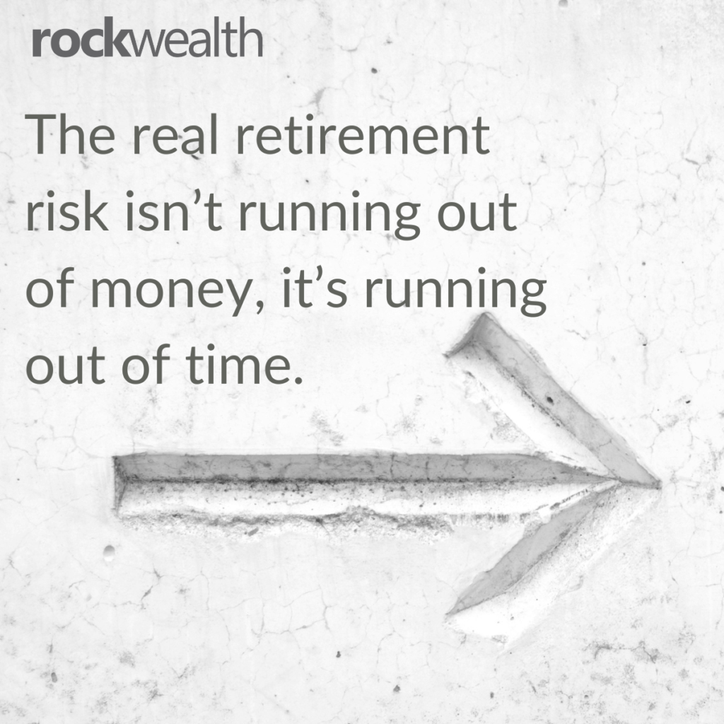 Unexpected early retirement: what to do when the date isn't yours to choose 1 rockwealth feature image on unexpected early retirement: a weathered arrow points right alongside the line 'the real retirement risk isn't running out of money, it's running out of time'.